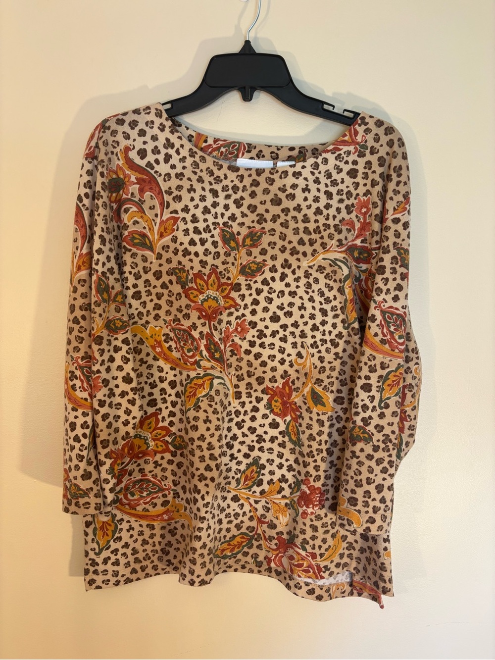 Alfred Dunner Beige Floral Paisley & Leopard-Print Long-Sleeve Top